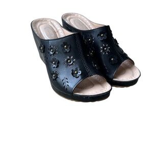 NWOT: Atalina Black Embellished Wedge Slip On Sandal